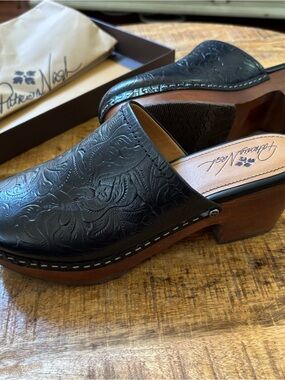 Patricia Nash Black Tooled Leather Slip-On Clogs with Wood Platform